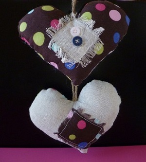 Coeur en tissu Marron &agrave; pois x2